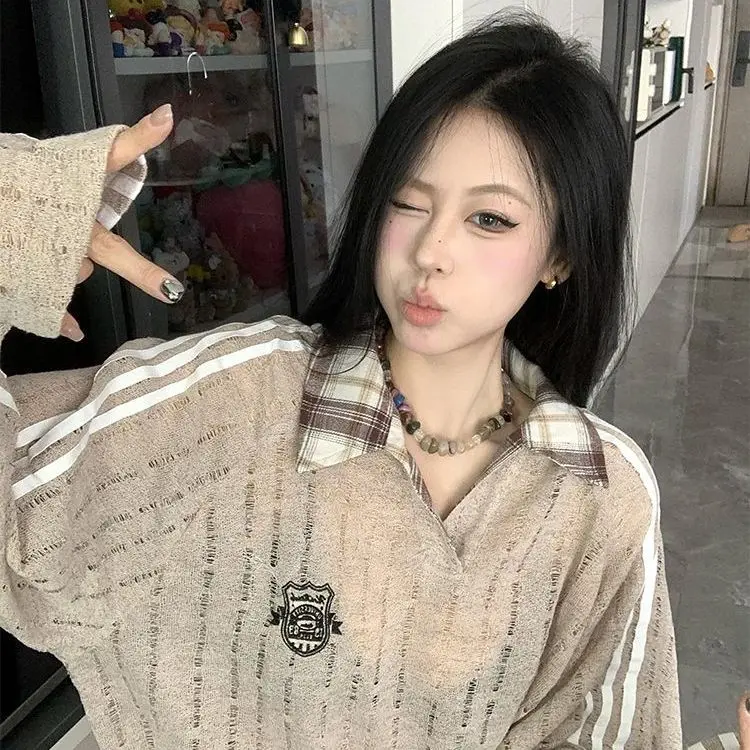 

American Vintage Striped Splicing Color Contrast Micro Through Hoodie Women Loose Casual Couple Top