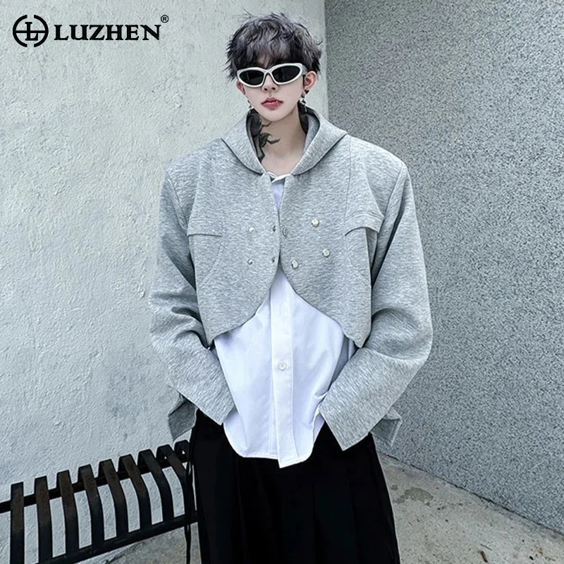

LUZHEN Цветные контрастные сращивания Поддельные толстовки из двух предметов Пальто Цветной контрастный крест Двубортная свободная мужская куртка JY3759