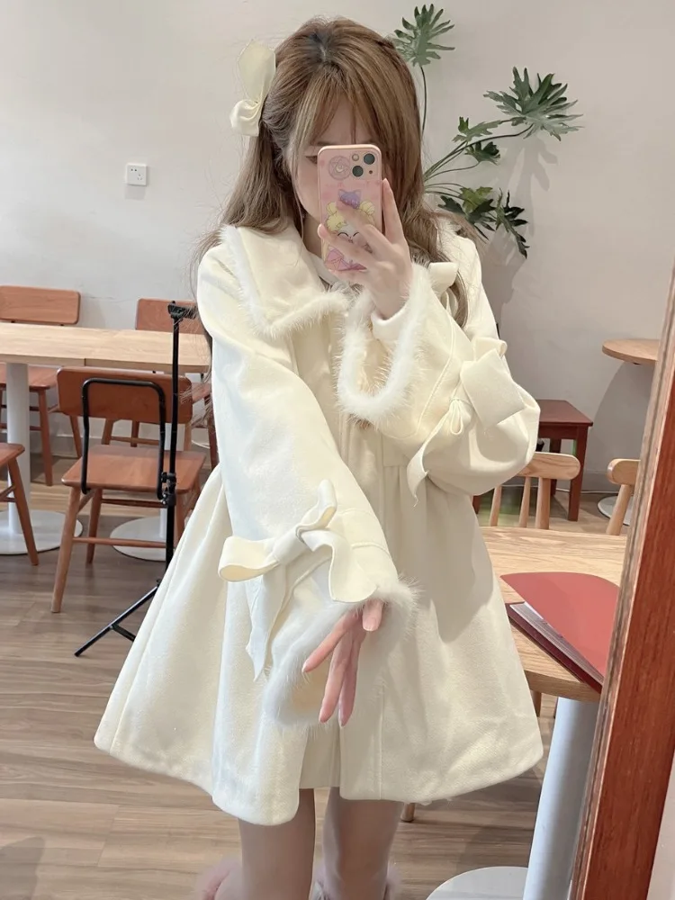 Sweet Girl Students Fur Patchwork Loose Jackets Women Y2k Aesthetic Single Breasted Coats 2024 Harajuku Kawaii Cute Bow Jacket