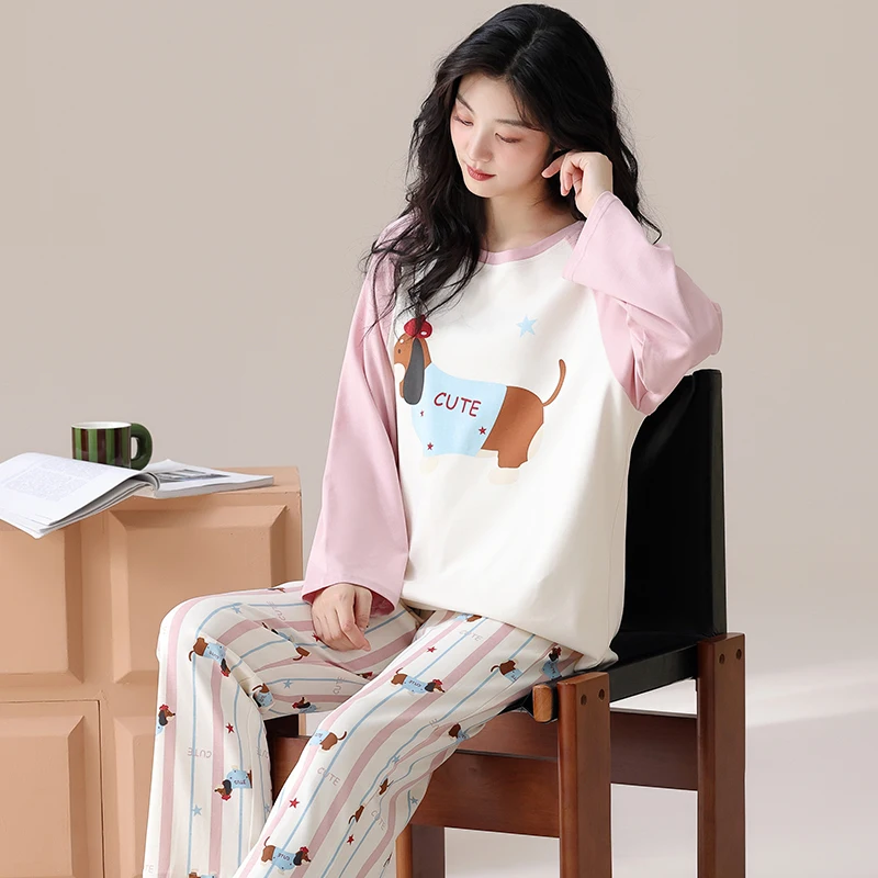 Cute Dog Pajamas Sets Womens Autumn Winter Long Sleeves Long Pants Pink Sleepwears Kawaii Pyjamas Cozy Pijamas Soft Pjs Girls Pj