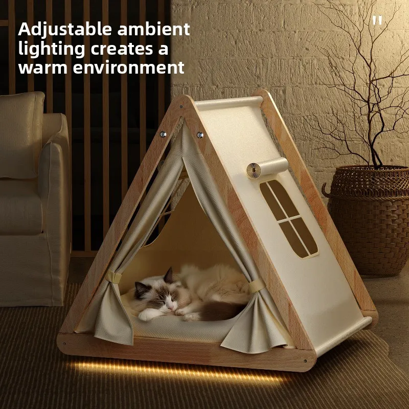 

Enclosed Style Cat Tent for All Seasons Cozy Pet House with Solid Wood Frame Portable Puppy Shelter Moisture-proof Pet Nap Mat