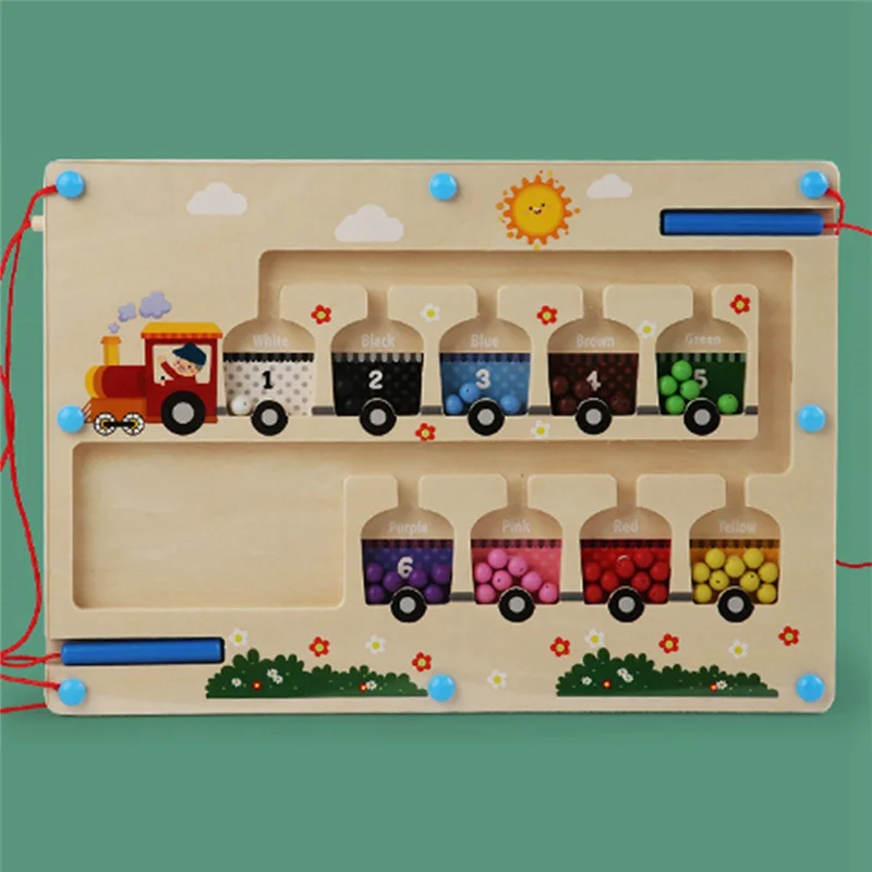 B78B-Magnetic Color And Number Maze, Early Learning , Wooden Color Matching Counting Puzzle Board, ABC Writing Practice