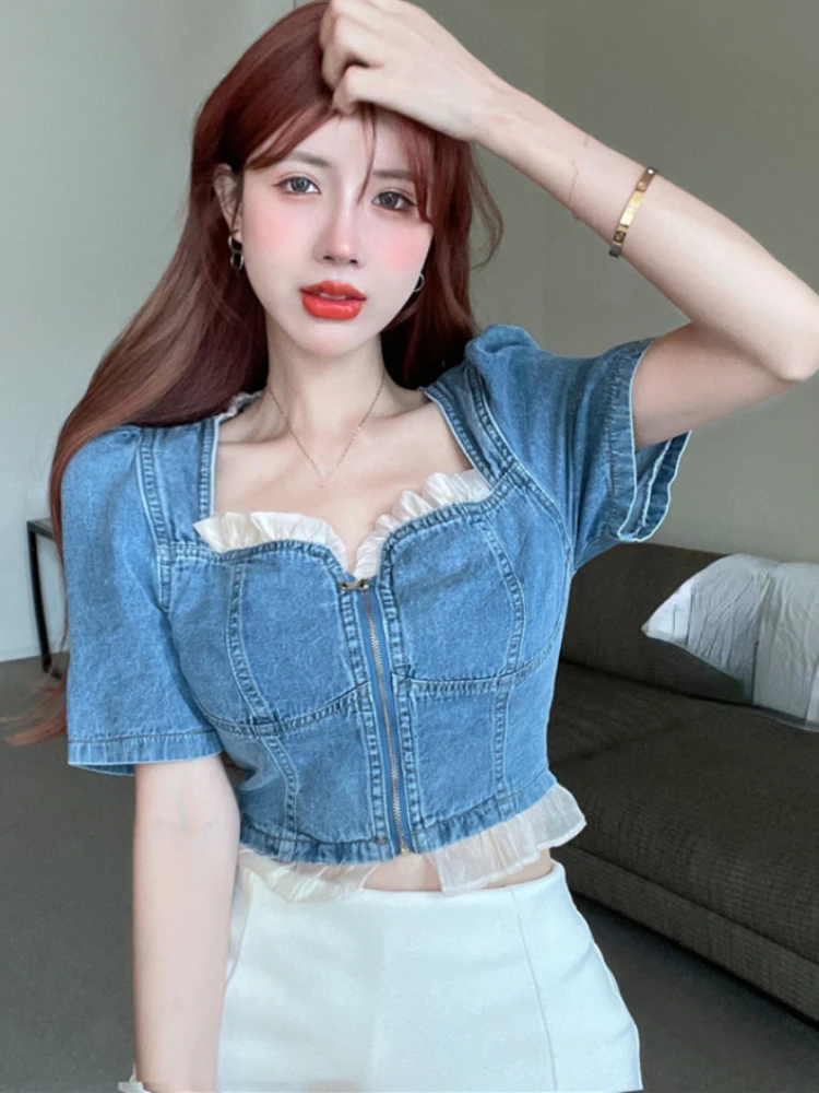 Fashion Vintage Denim Blouses Square Collar Puff Sleeve Lace Patchwork Zipper Crop Tops Design Summer All Match Women Clothing