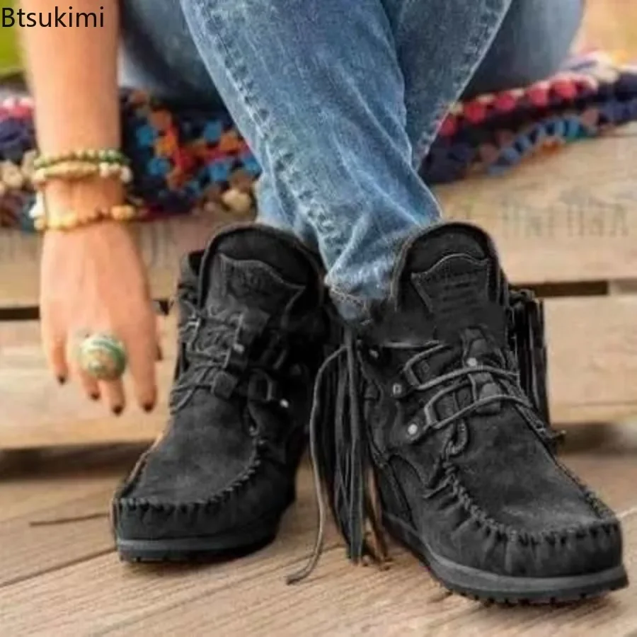 New 2024 Women's Faux Suede Boots Autumn Winter Causal Lace Up Ankle Boots Vintage Tassel Ladies Cowboy Short Boots Female Botas