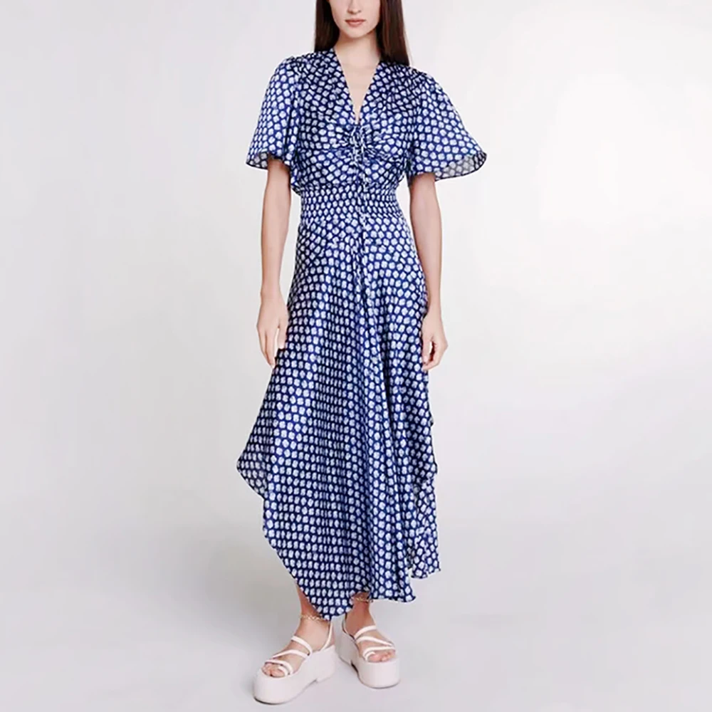 

Floral Print Waist Slim Women's Dress Y2k Irregular Hem Elegant Commuter Hundred V-Neck Short Sleeve Dress 2024 Summer New