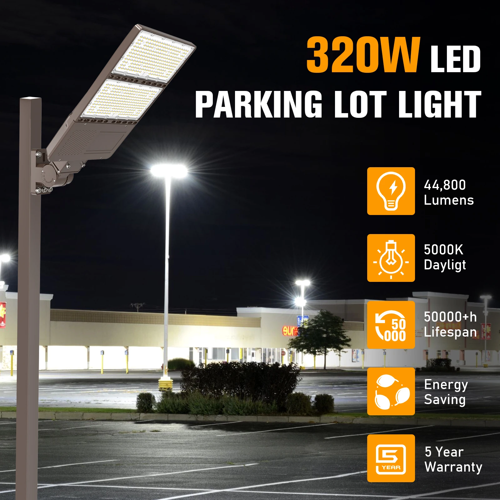 AC100-277V de iluminación de área para exteriores, farola LED impermeable IP65, 320W, 5 años de garantía, Listado UL DLC, estacionamiento