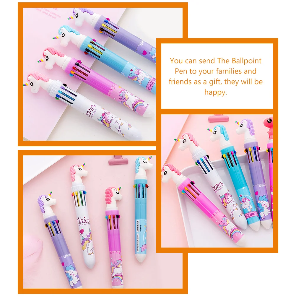 

4 Pcs 10 Color Ballpoint Pen Multicolored Writing Pens Kawaii Design Portable School Supplies for Students