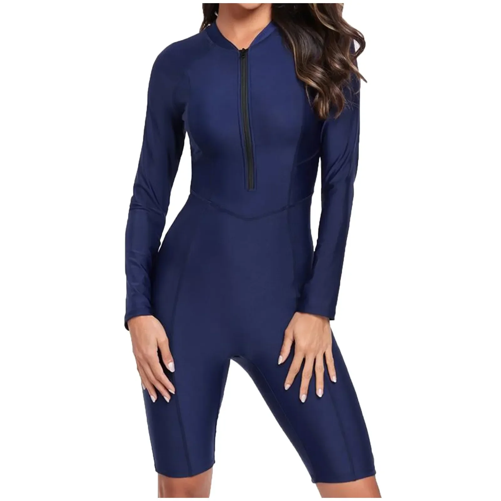 Women's Summer Fashionable Sports Solid Color Zippered Round Neck Long Sleeved Surfing Suit Women Swimwear One Piece Swimsuit