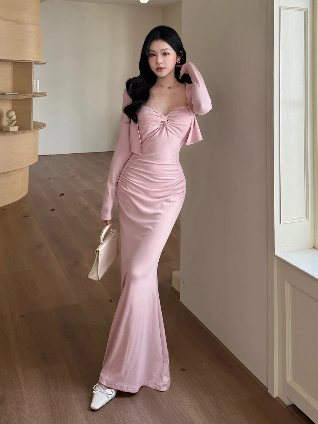 

Autumn Women's Skirt Set French Knot Design Pink Bodycon Mermaid Skirt Slim-fit Cardigan Spaghetti Strap Maxi Dress 2-piece Set