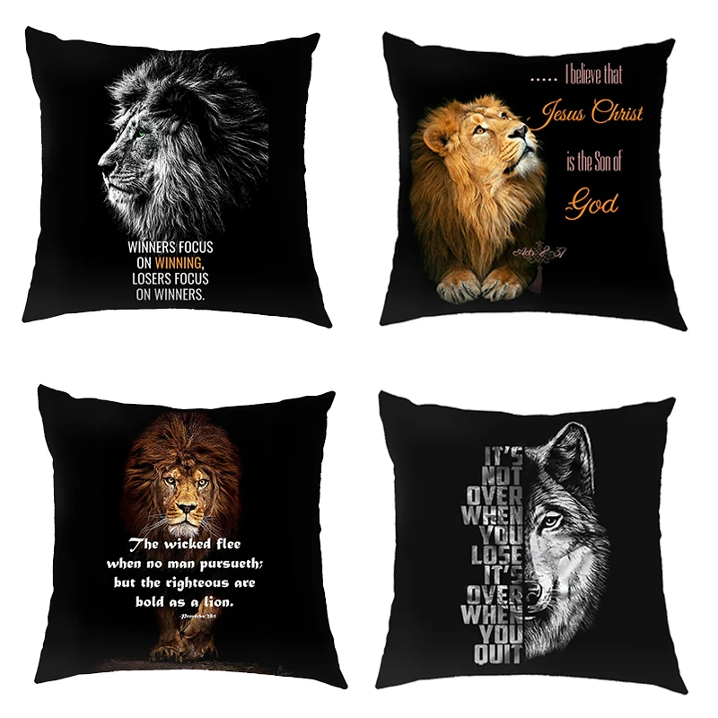 

With God All Things Are Possible Cushion Cover Lion Wolf Tiger Christian Bible Verse Pillowcase Sofa Throw Pillow Case Covers