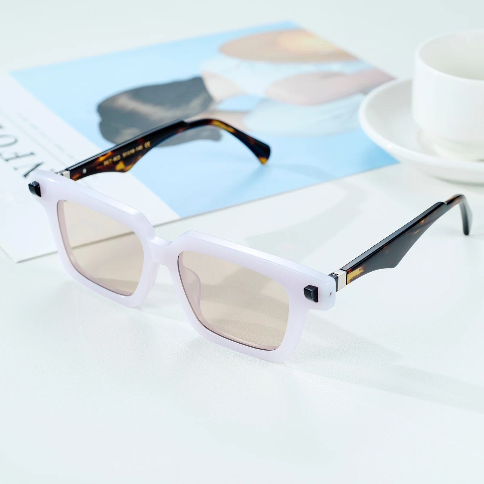 نظارات شمسية مستطيلة فاخرة من ريف تايجر للرجال، ألياف خلات بيضاء لامعة من اليشم، حماية 400 فولت، نمط مربع صغير