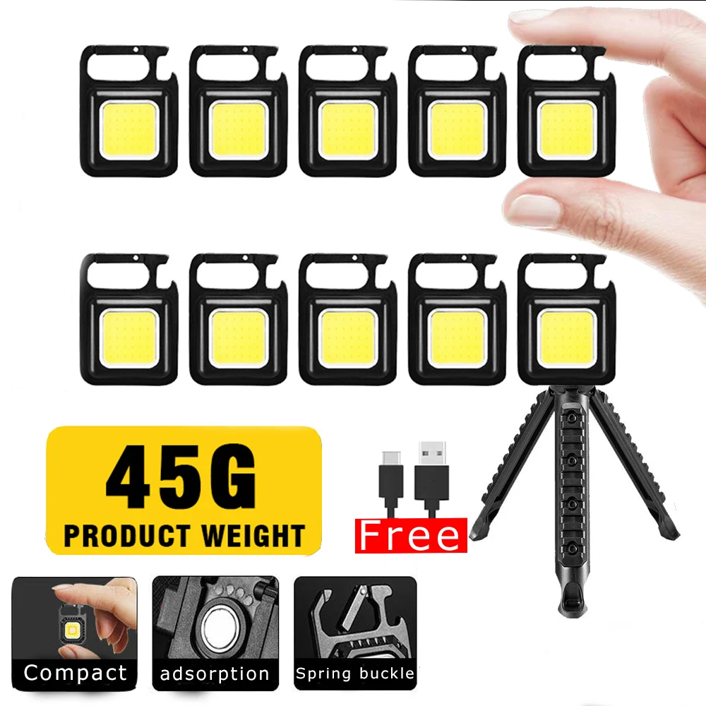 Mini porte-clés magnétique COB, 1 à 10 pièces, lampe de poche lumineuse Rechargeable par USB, 3 Modes d'éclairage, support pliable Portable, lampe de travail