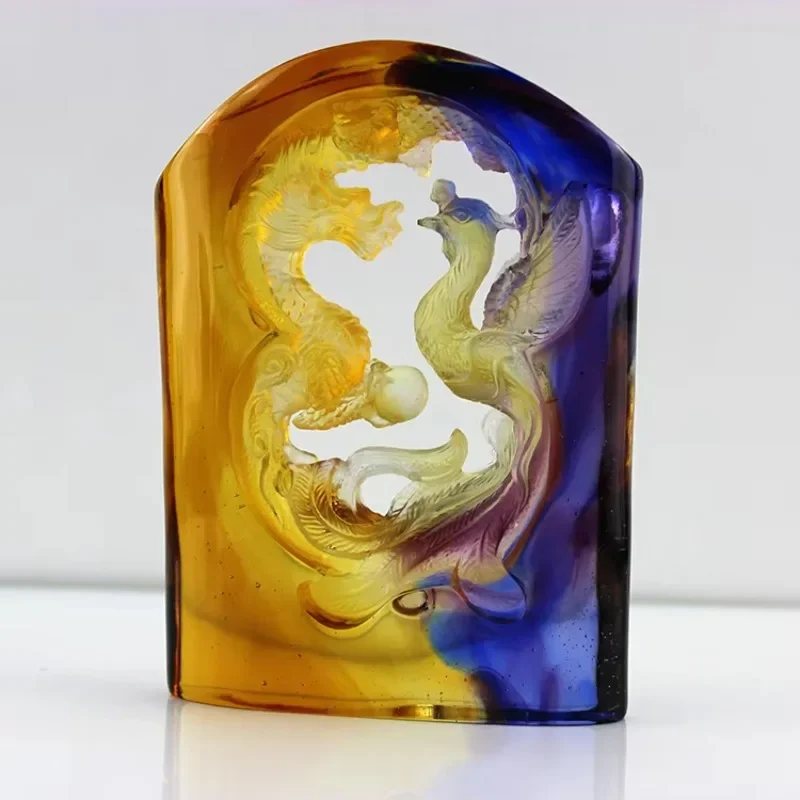 

Folk Art Glass Sculpture Crystal Glass Crafts Art Dragon and Phoenix Statues