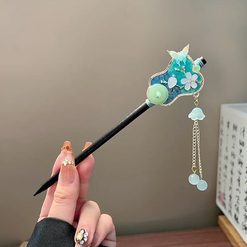 Classic Tassel Hair Stick Black Wooden Flowerl Pearl Hairpin Chinese Hanfu Hair Accessories Retro Bride Wedding Hair Bun Jewelry view 4