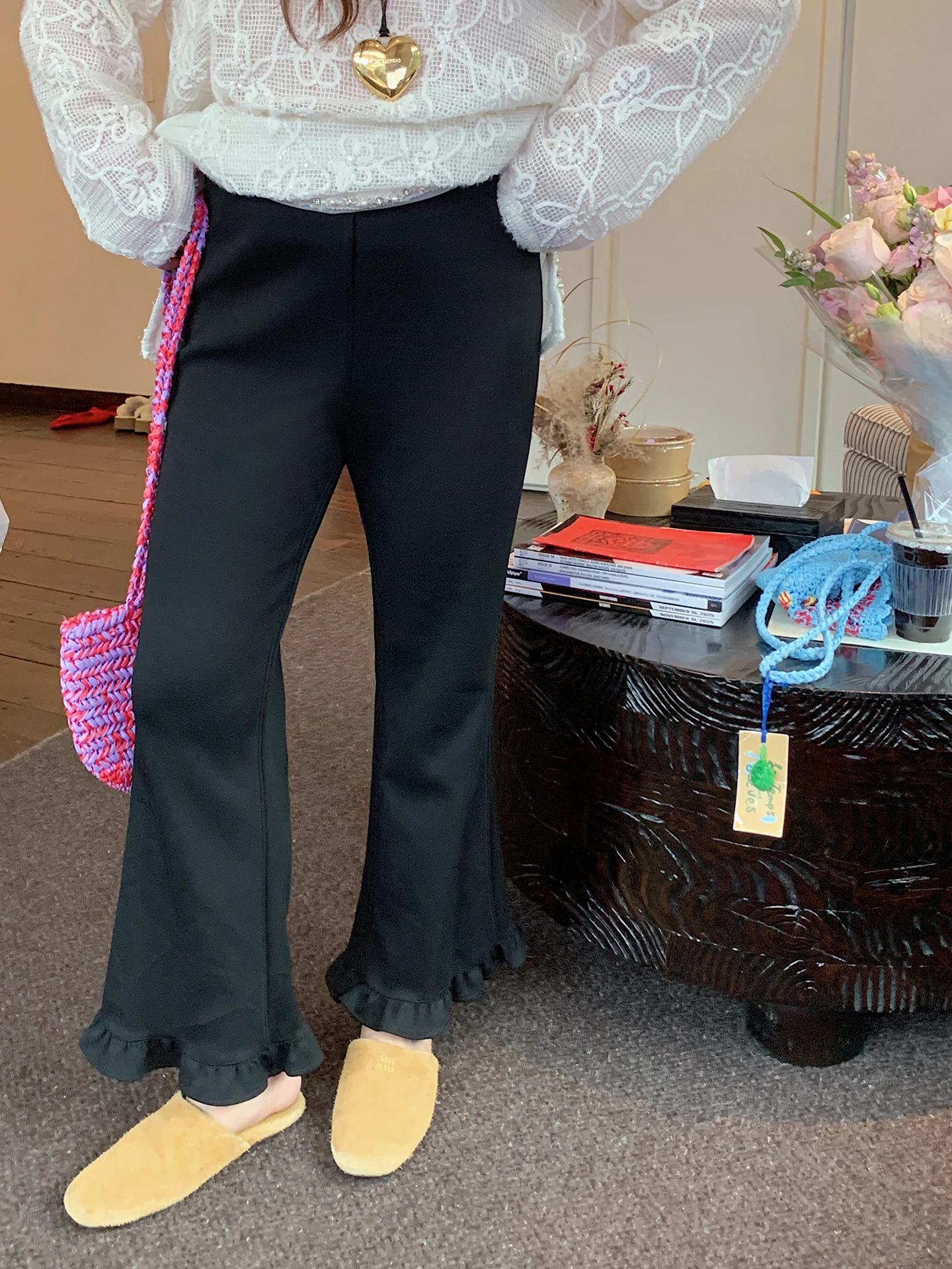 

Dazi Women's Casual Flared Pants Spring 2026 New Sle Large Size Casual Trousers with Lace Trim High Waist Polyester Spandex