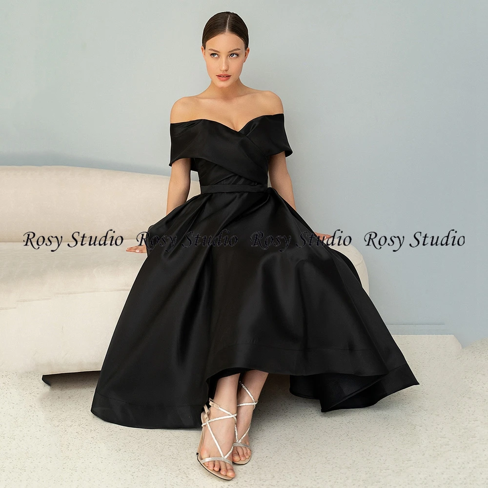 Vintage Tea Length Black Cocktail Dresses Satin A-line Corset Prom Gown Off-shoulder Short Homecoming Dress Vestido de Curto