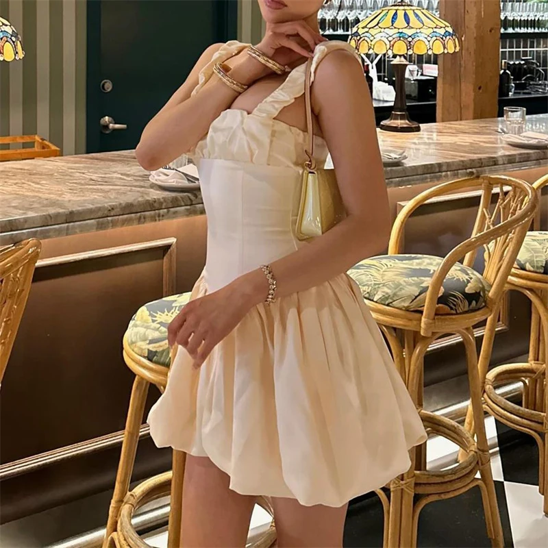 TARUXY Suspender Mini Dress For Women Ball Gown Splice Sexy Sleeveless Ruched Solid Summer New Princess Party Dress Female