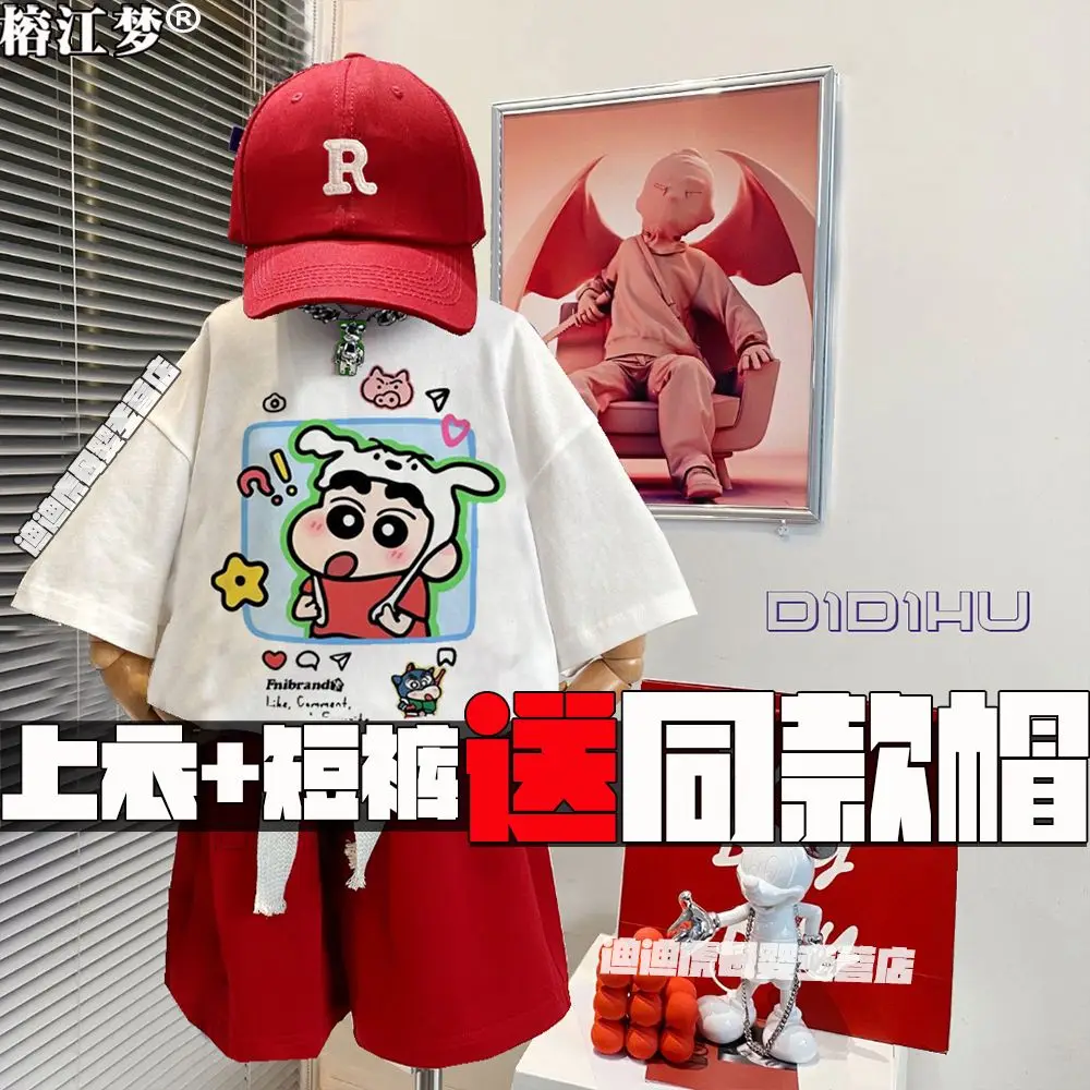 

Y2K Kawaii Crayon Shin-Chan T-Shirt Set for Girls Boys Summer 2Pcs Cartoon Tee Shorts Kids Streetwear Outfit Comfort Fashion New