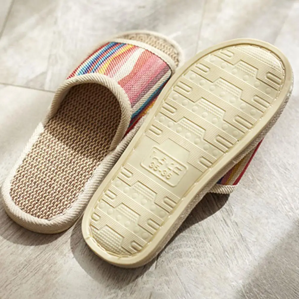 Gestreifte Leinen-Hausschuhe mit offener Zehenpartie für Damen, atmungsaktive Leinen-Slipper mit rutschfester Sohle für den Innenbereich, Schlafzimmer-Hausschuhe – Detail 16