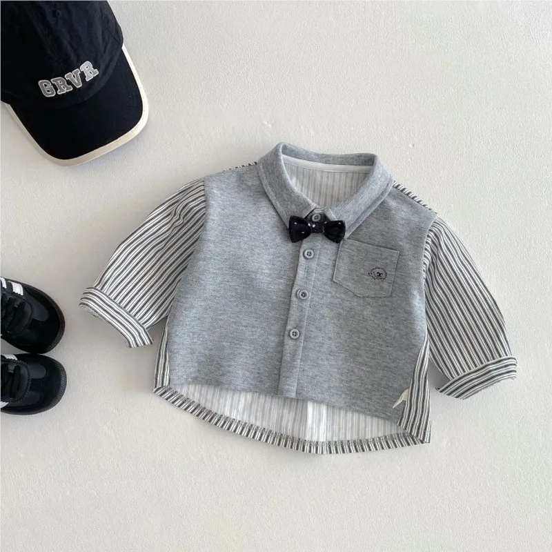 Newborn Baby Boy Cotton Bow Tie Striped Patchwork Shirt Infant Child Long Sleeve Gentleman Coat Spring Autumn Baby Clothes 9M-5Y