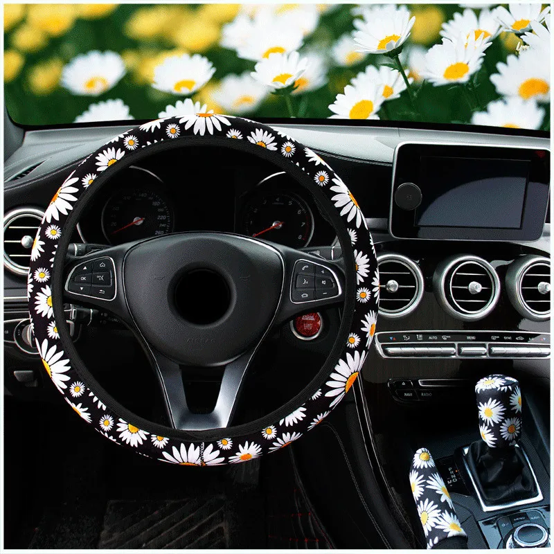 3 Pcs/Set Knitted Styling Interior Accessories Product Universal Car Cute Daisy Flower Steering Wheel Cover Car Interior