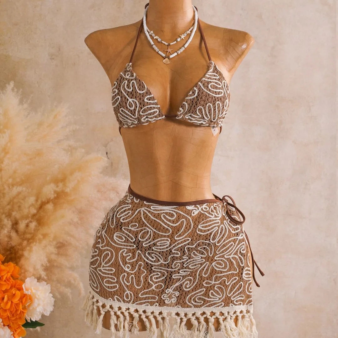 Sexy Bikini mit Rock, Neckholder-Bikini, Damen-Badeanzug, dreiteiliges Bikini-Set, Badebekleidung, Badeanzug, Schwimmbekleidung V8499 – Detail 5
