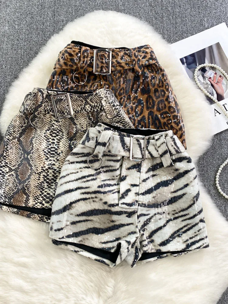 

Winter Sequined Casual Wide Leg Short Pants Women Leopard High Waist Thermal Shorts Tights Sexy & Cub Slim Thicken Shorts Pants