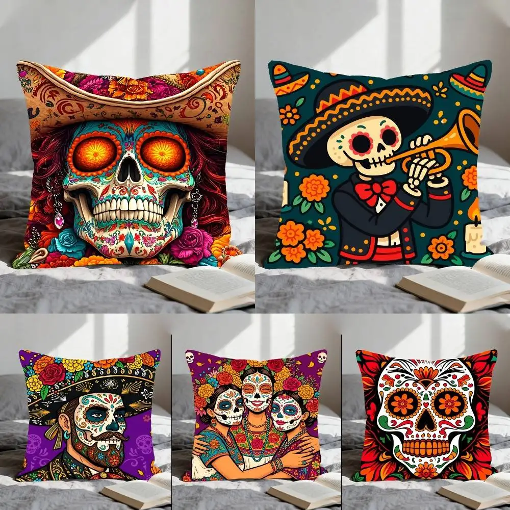 Vibrant Day Of The Dead Dancing Skeleton Pillow Case Throw Nordic Vintage Style Cushion Covers Home Living Room Sofa Seat Decor