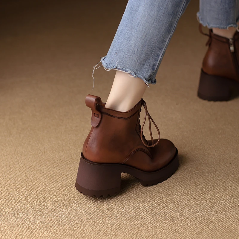 2024 Autumn/Winter Women Boots Women Shoes Round Toe Thick Heel Women Modern Boots Heels Platform Boots Genuine Leather Retro