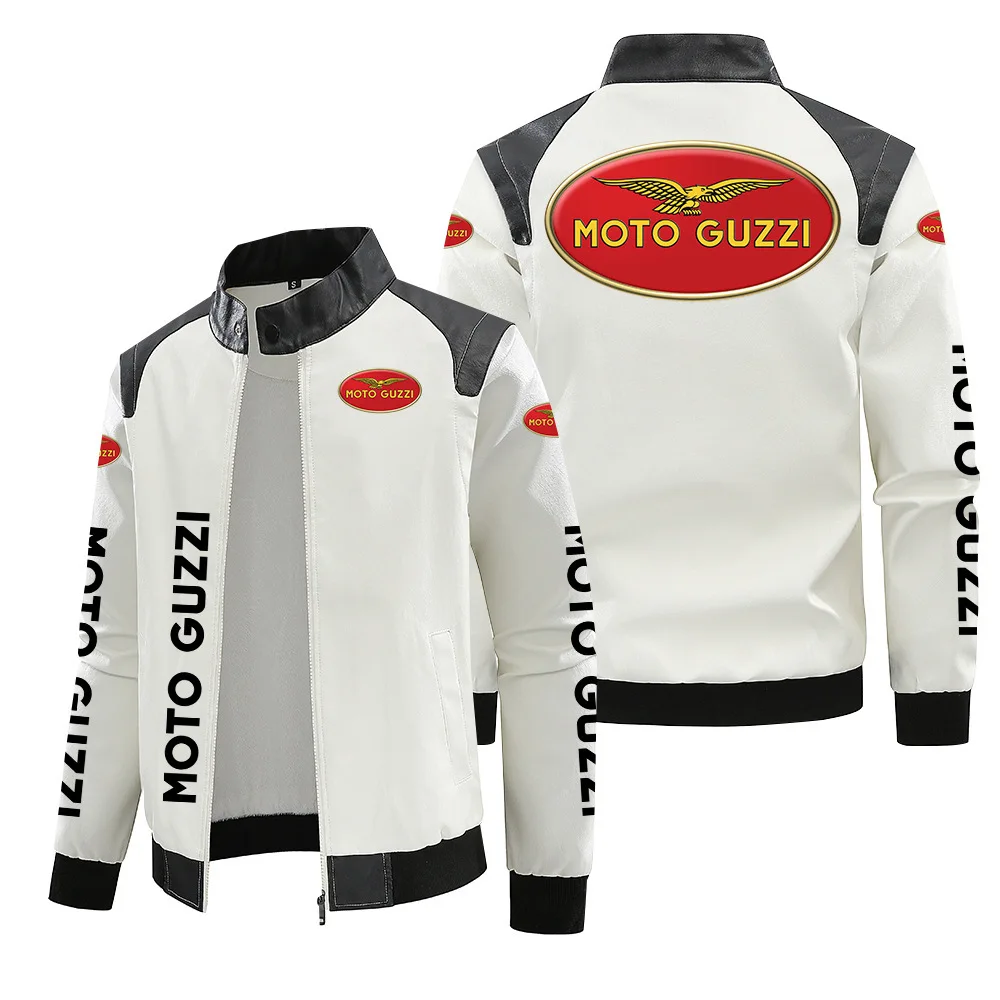 [European size plus velvet] MOTO-GUZZI motorcycle logo leather jacket autumn and winter warm pu high-end men's jacket