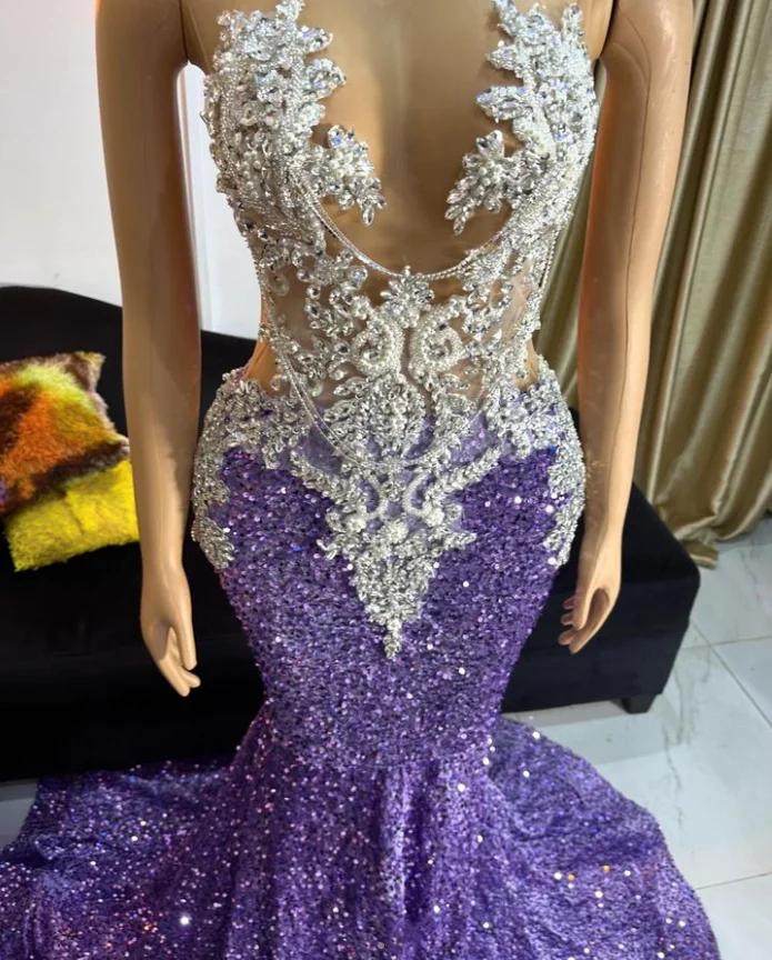 Purple O Neck Long Prom Dresses 2025 Black Girls Beaded Crystal Diamante Applique Mermaid Evening Gowns