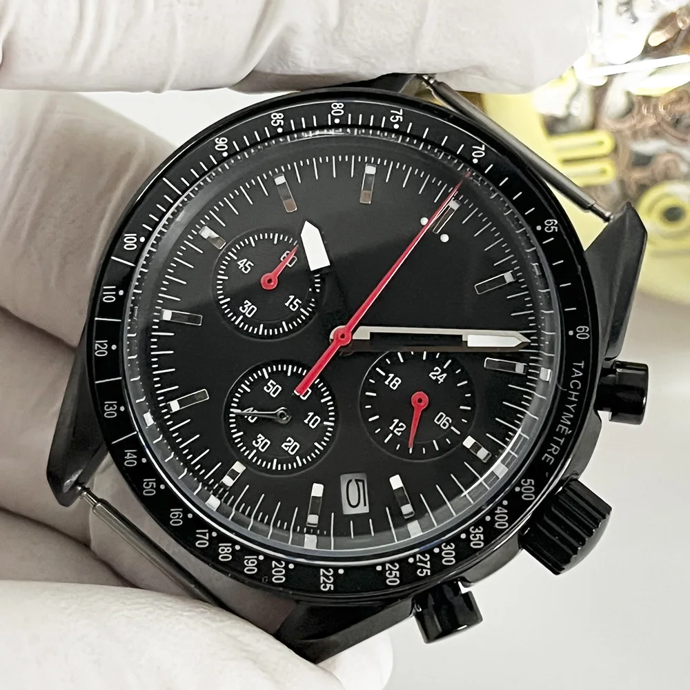 Boîtier en acier inoxydable noir de 39,7 mm, montre chronographe à mouvement à quartz VK63 sans bracelet, 6 aiguilles, cadran stérile noir