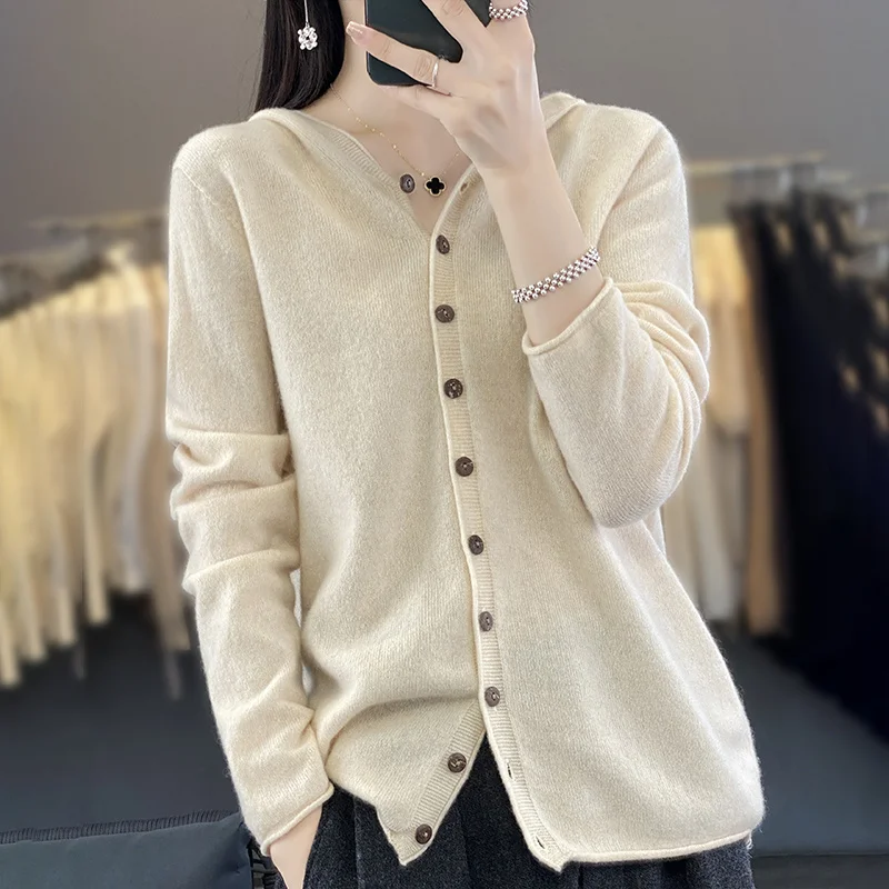 2024 autumn and winter new 100% merino wool solid color long sleeve hooded cardigan casual Korean Joker cardigan jacket