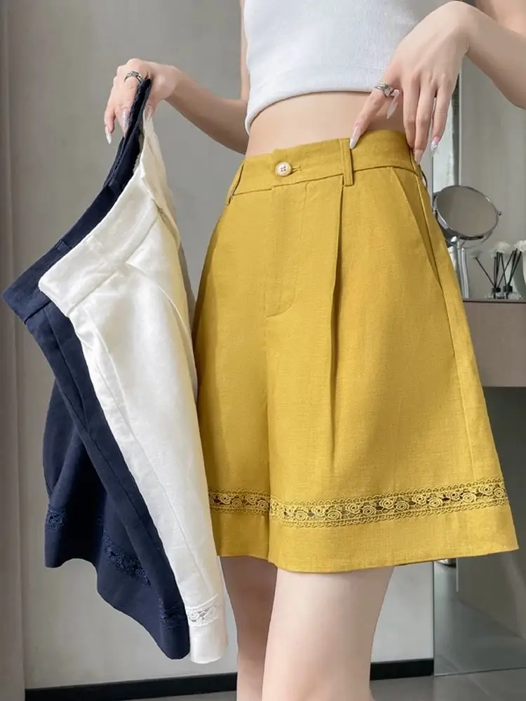 Shorts Bermuda de Algodón y Lino para Mujer, Cintura Alta, Plisados, Sueltos, con Ribete de Encaje, Color Blanco Sólido, Casuales de Verano