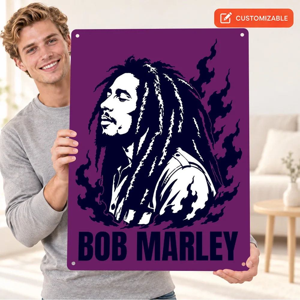 Bob Marley Purple Background Portrait Aluminum Poster Personalized Metal Sign Retro Graphic Wall Art For Music Room, Singer Gift
