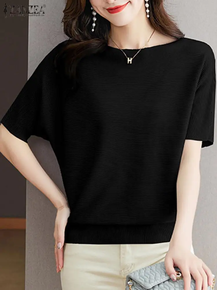 ZANZEA Korean Fashion Ribbed Blusas Elegant Women OL Solid Color Shirts 2024 Summer Half Sleeve Casual Loose Boat Neck Blouses