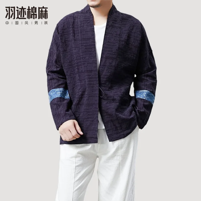 Chinese Style Men's Patchwork Cotton and Linen Cardigan Hanfu Ethnic Style Loose Robe Chinese Retro Jacket