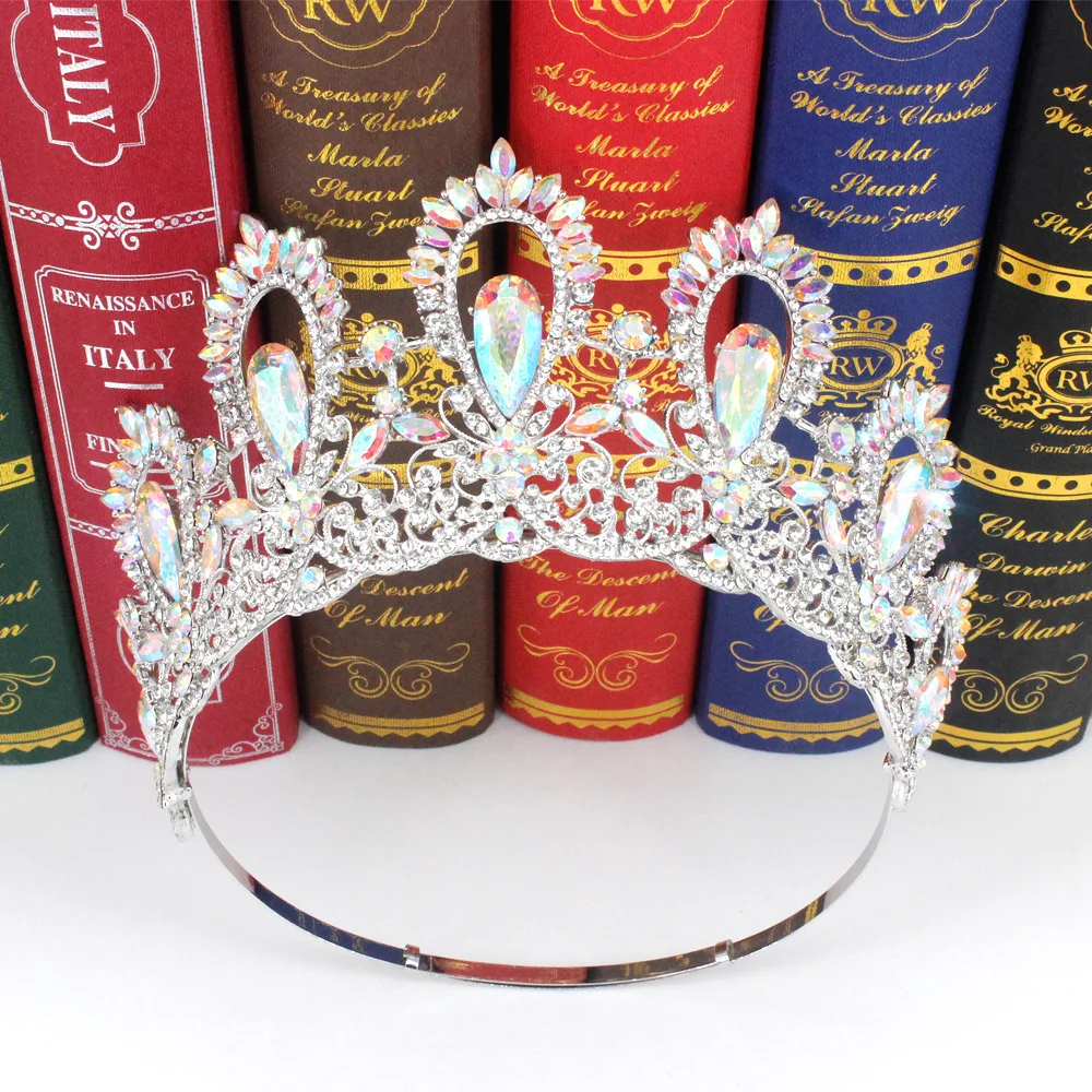 Baroque Miss Universe Crystal Feather Round Bridal Tiaras Crowns Royal Queen Rhinestone Pageant Diadem Wedding Hair Accessories