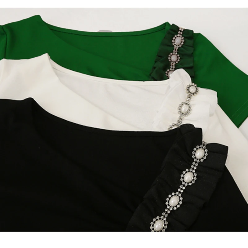 MadBlack-Women's European T-Shirt, Sexy Skew Collar Ruffles Diamond, Streetwear Short Sleeve Slim Tee, 2025 Summer New T52939CC