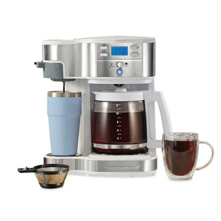 

2-Way Programmable Coffee Maker 12 Cup Glass Carafe and Single Serve Coffee Maker White with Stainless Steel Accents 49933