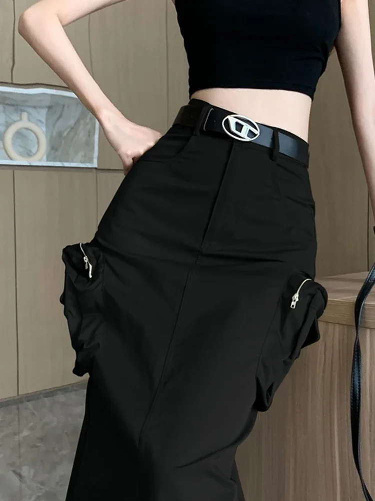 Black Casual Long Cargo Skirts Women Stitching Vintage Baggy Streetwear Outfits Split Fashion Low Waist Loose Skirt 2024 New