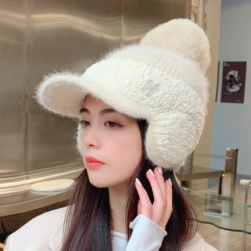 CNTANG Winter Women Ear Protection Baseball Cap Letters Thickened Fur Ball Caps Fashion Knitting Warm Ladies Duck Tongue Hat