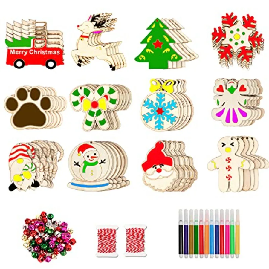 60개 나무 크리스마스 장식품 12가지 스타일 미완성 나무 조각 장식품 DIY 크리스마스 장식 세트 벨 포함 컬러 마커