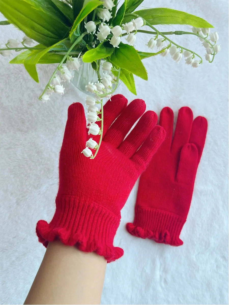 厚みのある純粋なカシミヤニット手袋-女性用-木製エッジ付き-レディースフィンガーグローブ-暖かいウールミトン-ハンドマフ