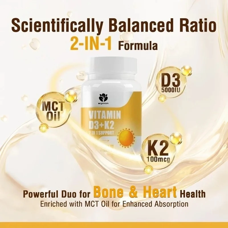 Vitamin D3 K2 with MCT Oil, Vitamin D3 5000 IU and K2 100mcg, Formula 2 in 1 for Bone and Heart Health  60 Softgels capsule