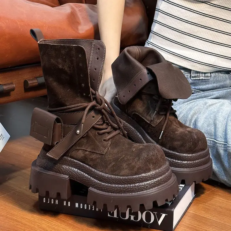 Suede Leather Old Big Head Cowboy Boot Women Retro Height Increase Motorcycle Middle Tube Knight Boots Outdoors Work Women Shoes