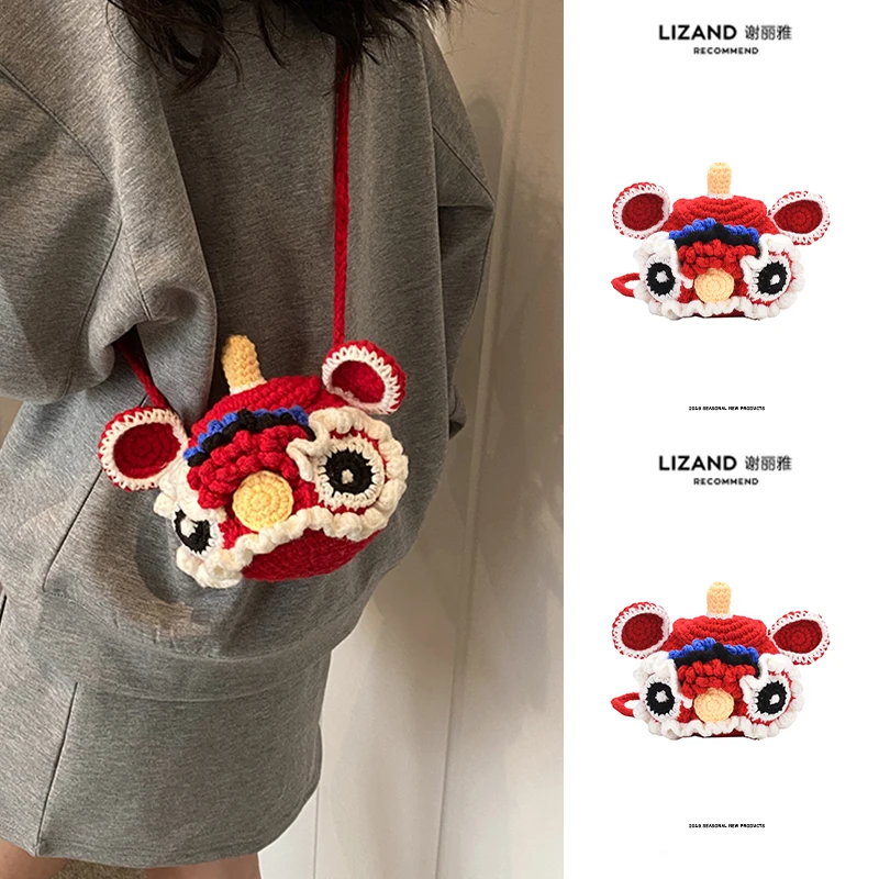 2024 Autumn Winter Red Crossbody Bag Cute Casual Knitting Bag Delicate Little Hat Decant Lion Bag Holiday Girl Gift