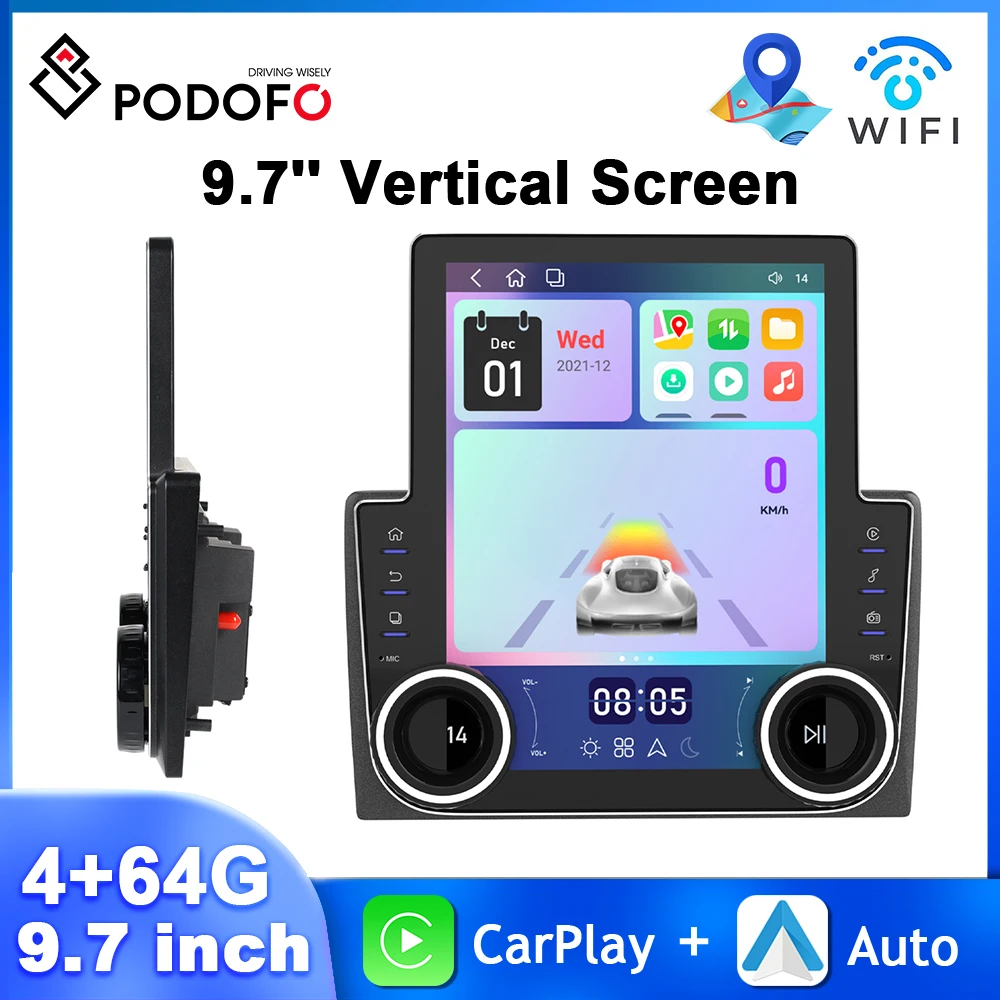 Podofo Vertical Screen 9.7'' Car Radio 4+64G Dual Knobs Multimedia Player WIFI&4G Carplay Android Auto GPS Navigation Car Stereo