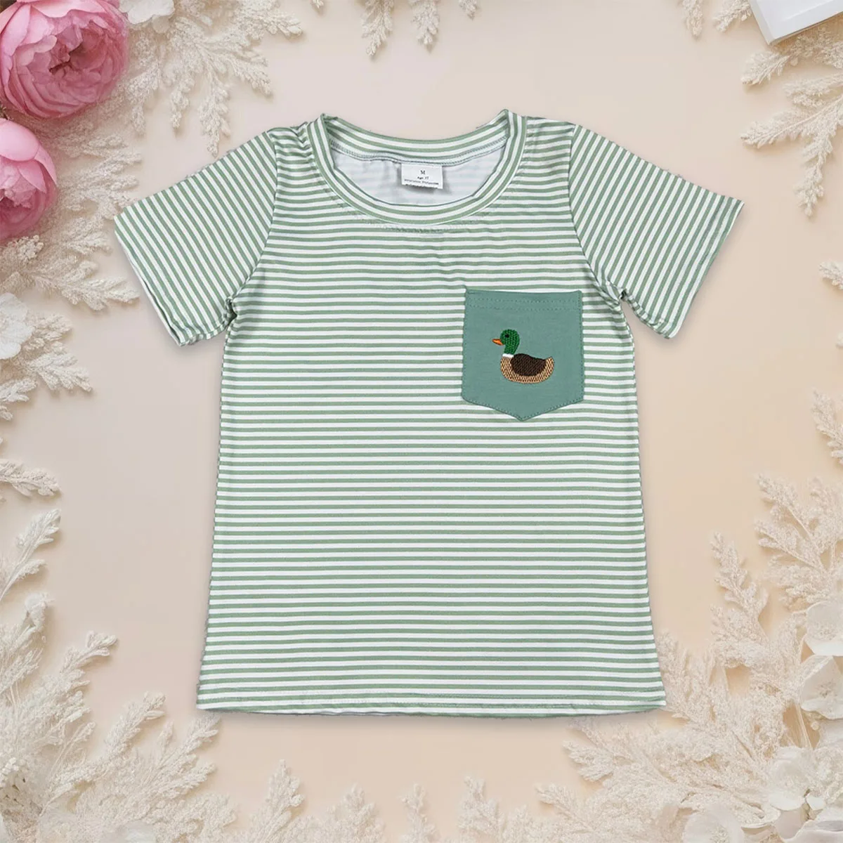 

Baby Boy Short Sleeves Embroidery Duck Green Stripe Tee Shirts Tops Summer Children Kids Toddler Cotton Clothing Wholesale