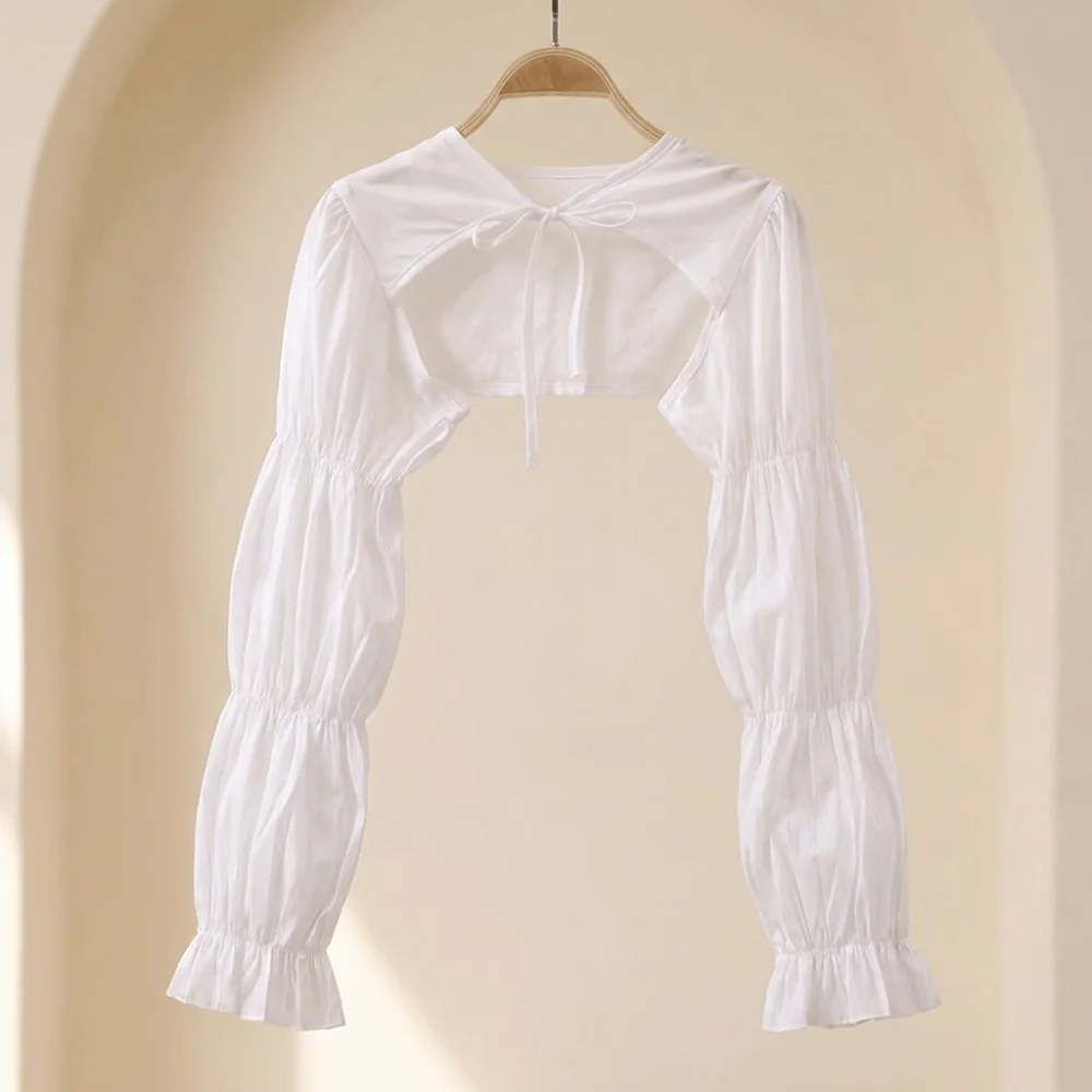 Sunproof Thin Sun Protection Coat Breathable Puff Sleeve Shoulder Wrap with Lace Up Long Sleeve Shrug Shawl Summer